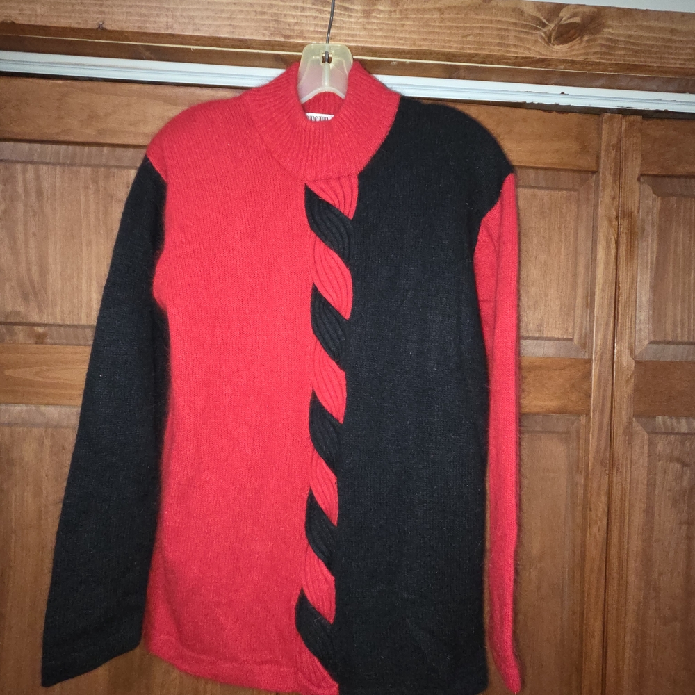Bold Red and Black Crew Neck Sweater with Geometric Design